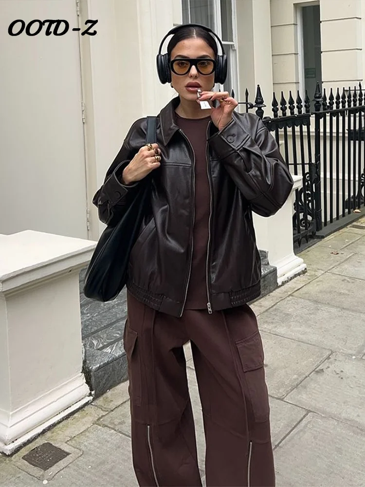 معطف جلد أنيق المرأة عادية فضفاض التلبيب سحابات جيب كم طويل سترة الإناث 2025 الربيع شارع العليا سيدة أبلى