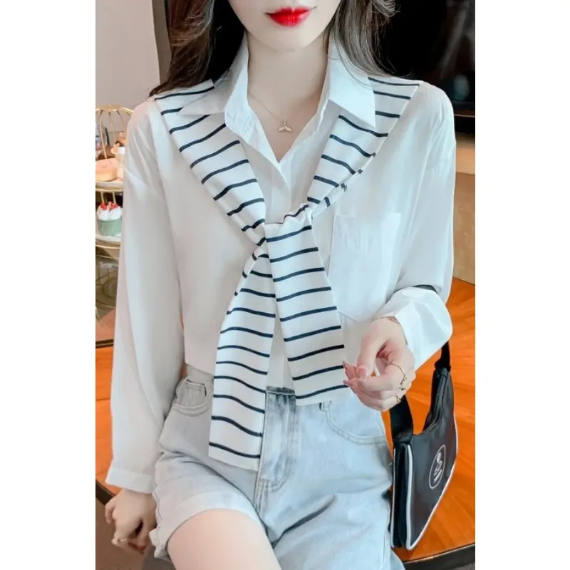 Women's White Button Down Shirt with Detachable Striped Scarf Tie Long Sleeve Blouse