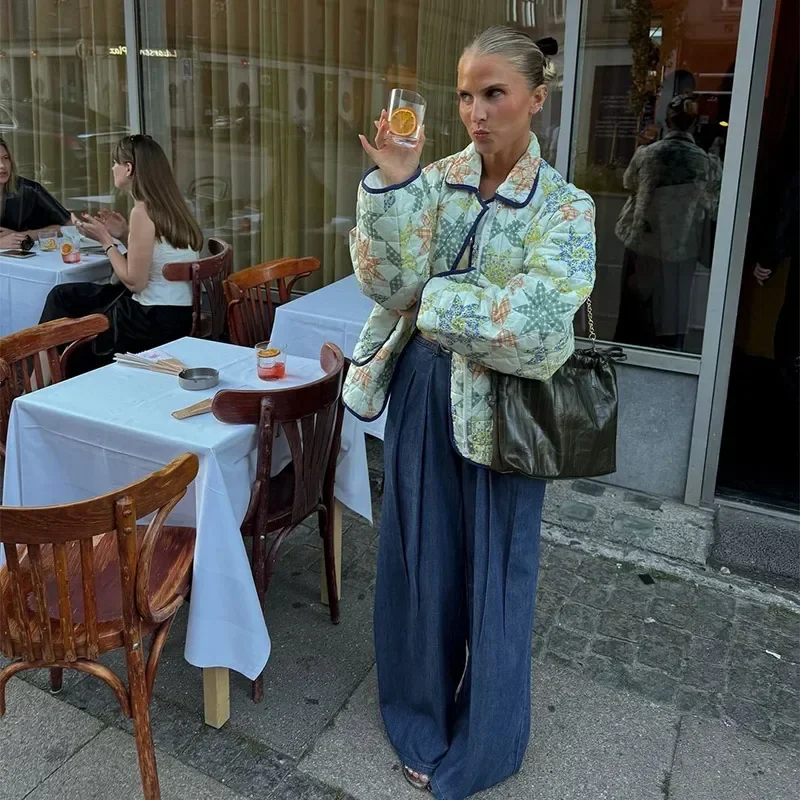 

Loose Printed Patchwork Coats Women Casual Lapel Long Sleeve Pockets Single Breasted Jackets 2024 Autumn New Lady Tops Outwear