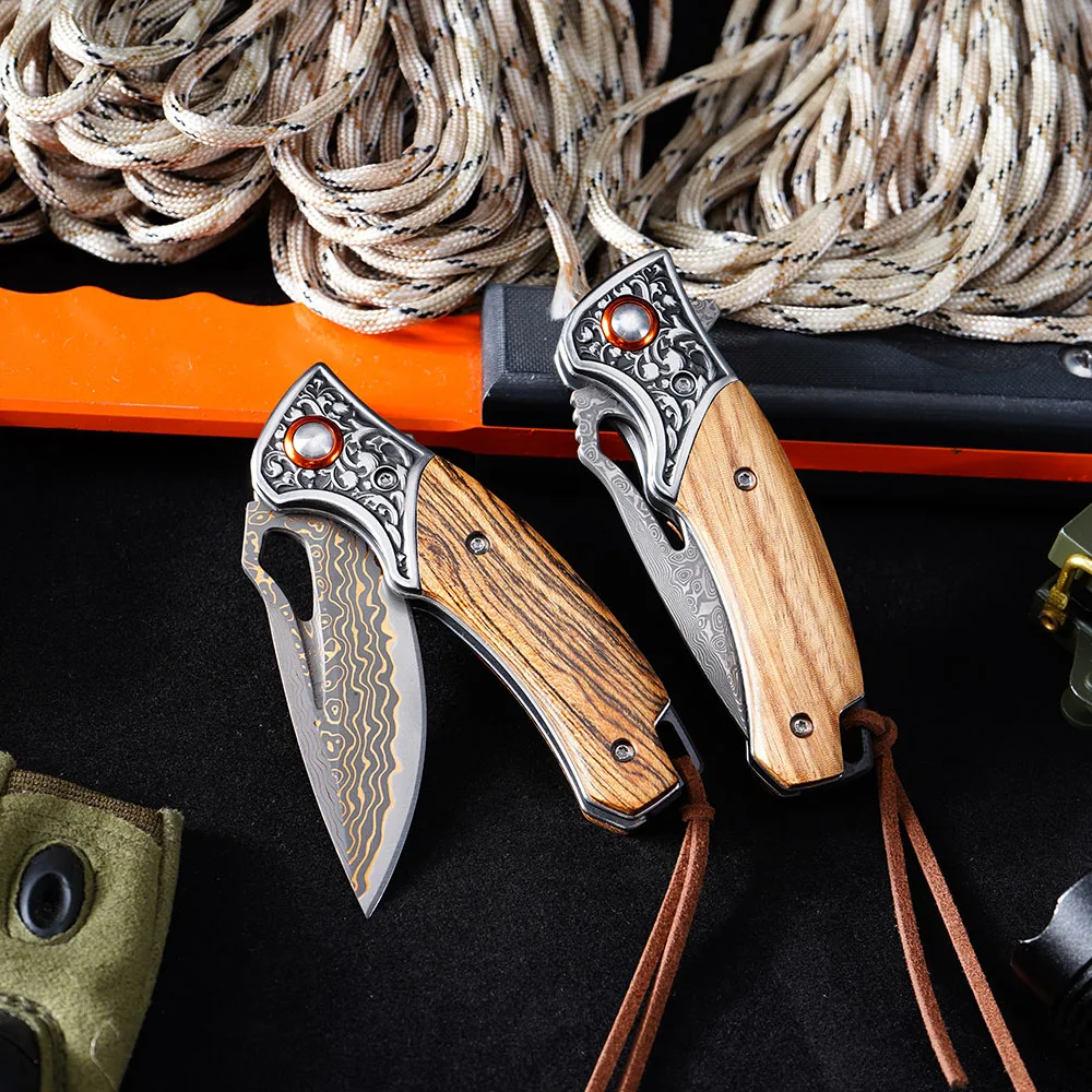 

Original Brass Damascus Folding Knife Outdoor Camping Pocket Knife Golden Rosewood Handle Multifunctional Sharp Fruit Knives