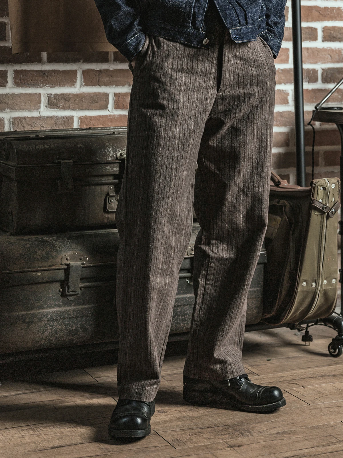 Rugged Bronson Vintage Striped Work Pants Men\'s Loose Casual Trousers High Waist No Stretch Youthful Energy All Seasons