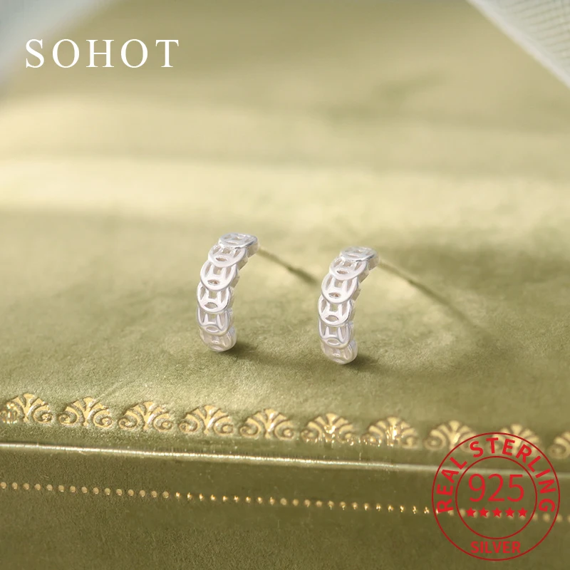 

Real 925 Sterling Silver Hollow Copper Coin Minimalist Tiny Stud Earrings for Women Trendy Fine Jewelry Geometric Accessories