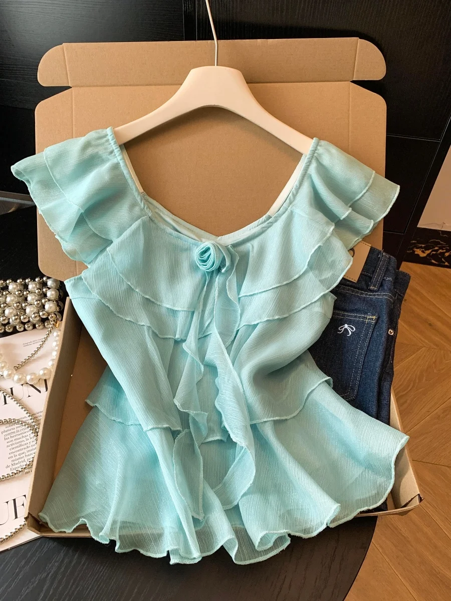

Summer New Design Women's Square Collar Silk Luminous Gauze Feel Floral Embellished Chiffon Shirt Sweet Style Loose Fit Short...