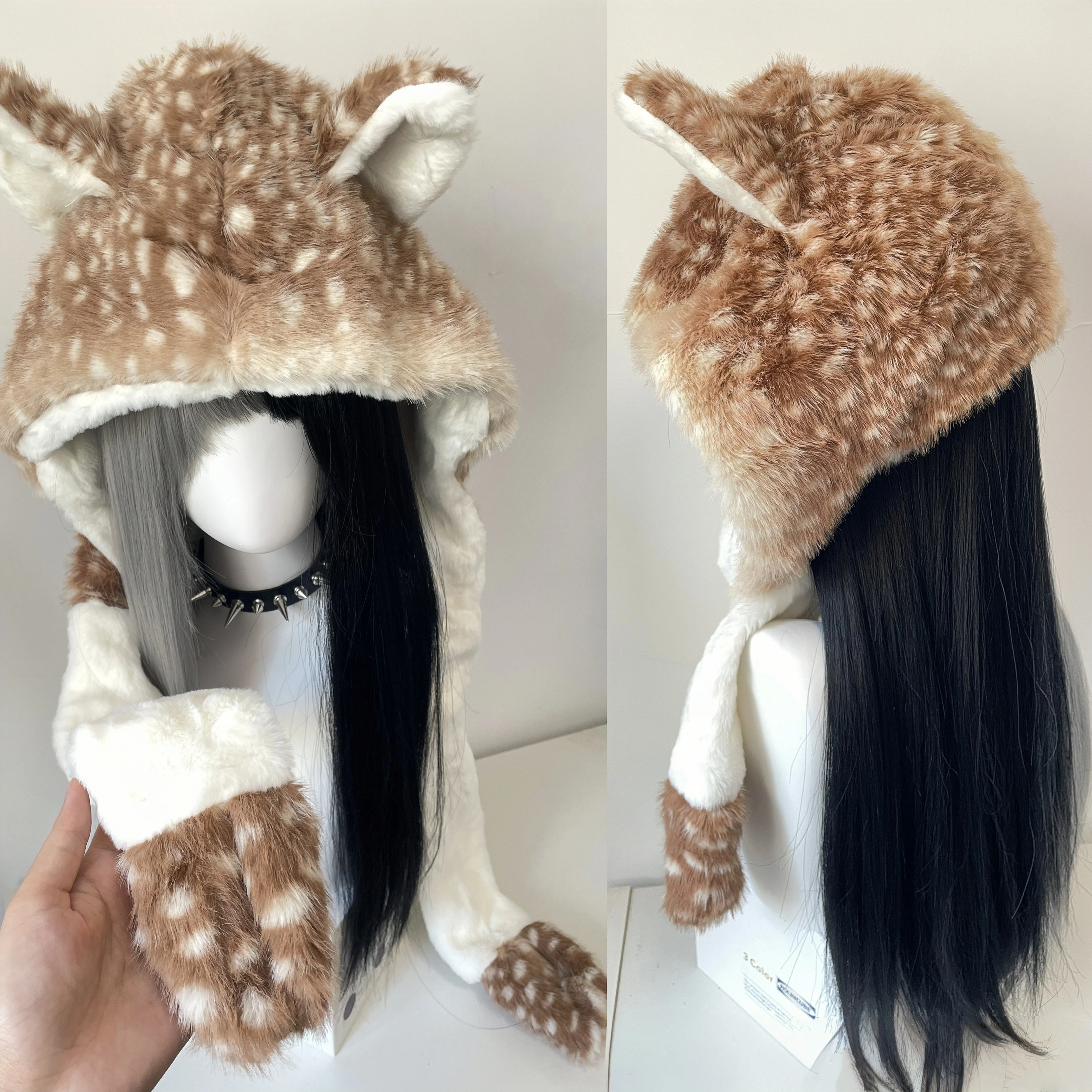 New Harajuku Kawaii Reindeer Hat Faux Fur Plush Winter Warm Furry Ear Protection Cap Christmas Subculture Y2K Girl Punk Hats