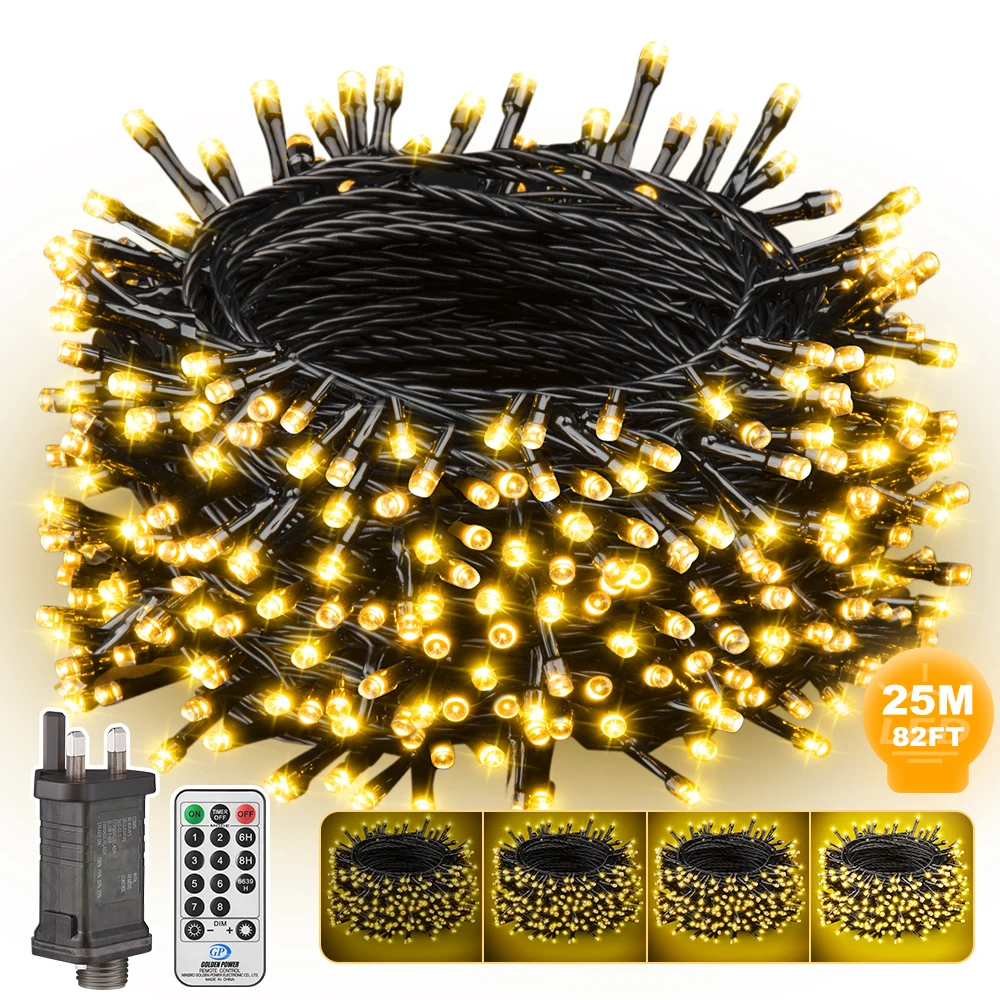 Guirlande lumineuse chaude à 250 LED, 25M, pour Camping, humeur, lampes féeriques, jardin extérieur, fête de noël, décor de vacances