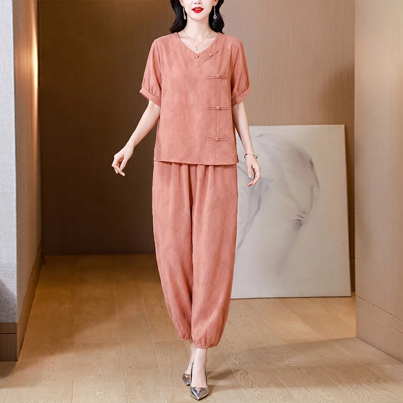 

plus Size Women's New Chinese Style Cotton Linen Set Nine Points Two Piece Suit Summer 2026 Commute Artistic Regular Fit V Ne...