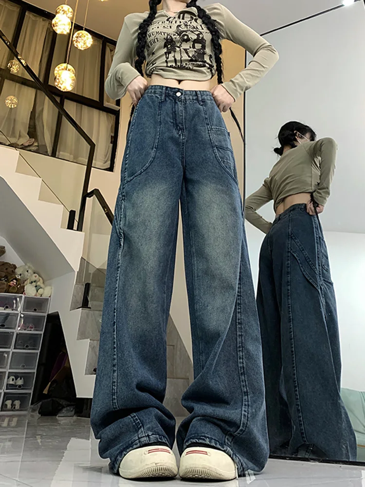 

WCFCX STUDIO Autumn New High Waist Wide Leg Mopping Pants American Vintage Straight Jeans Women Streetwear