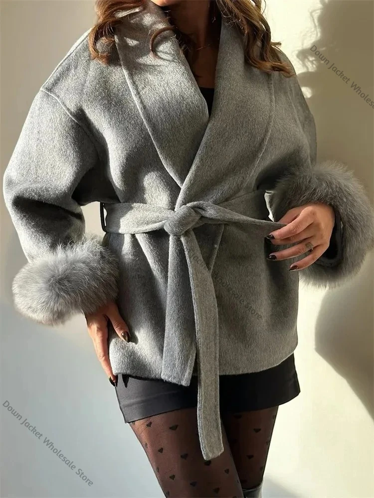 Women's Trench Coat Old Money Style Wool Blend Long Jacket Elegant Belted Winter Office Lady Natural Fur Coat Outerwear Clothing