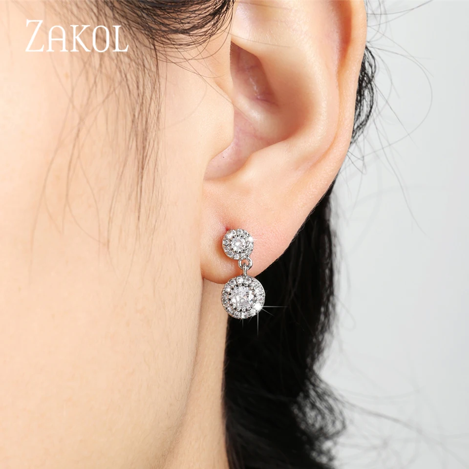 ZAKOL Fashion 2 Round Cubic Zirconia Drop Earrings for Women Korean Bridal Shiny Crystal Dangle Earing Wedding Party Jewelry