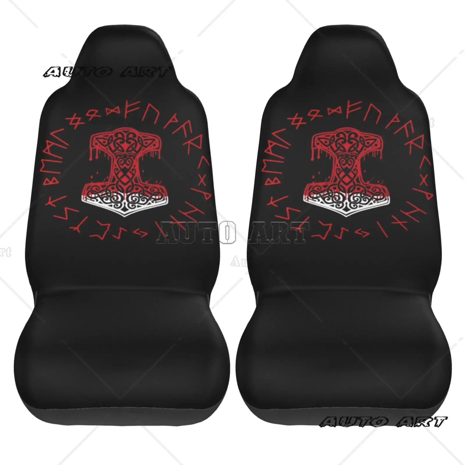 

Vikings Hammer and Rune Wheel Norse Mythology Symbol Car Seat Cover 2pcs Print Universal Front Protector Accessories Cushion Set