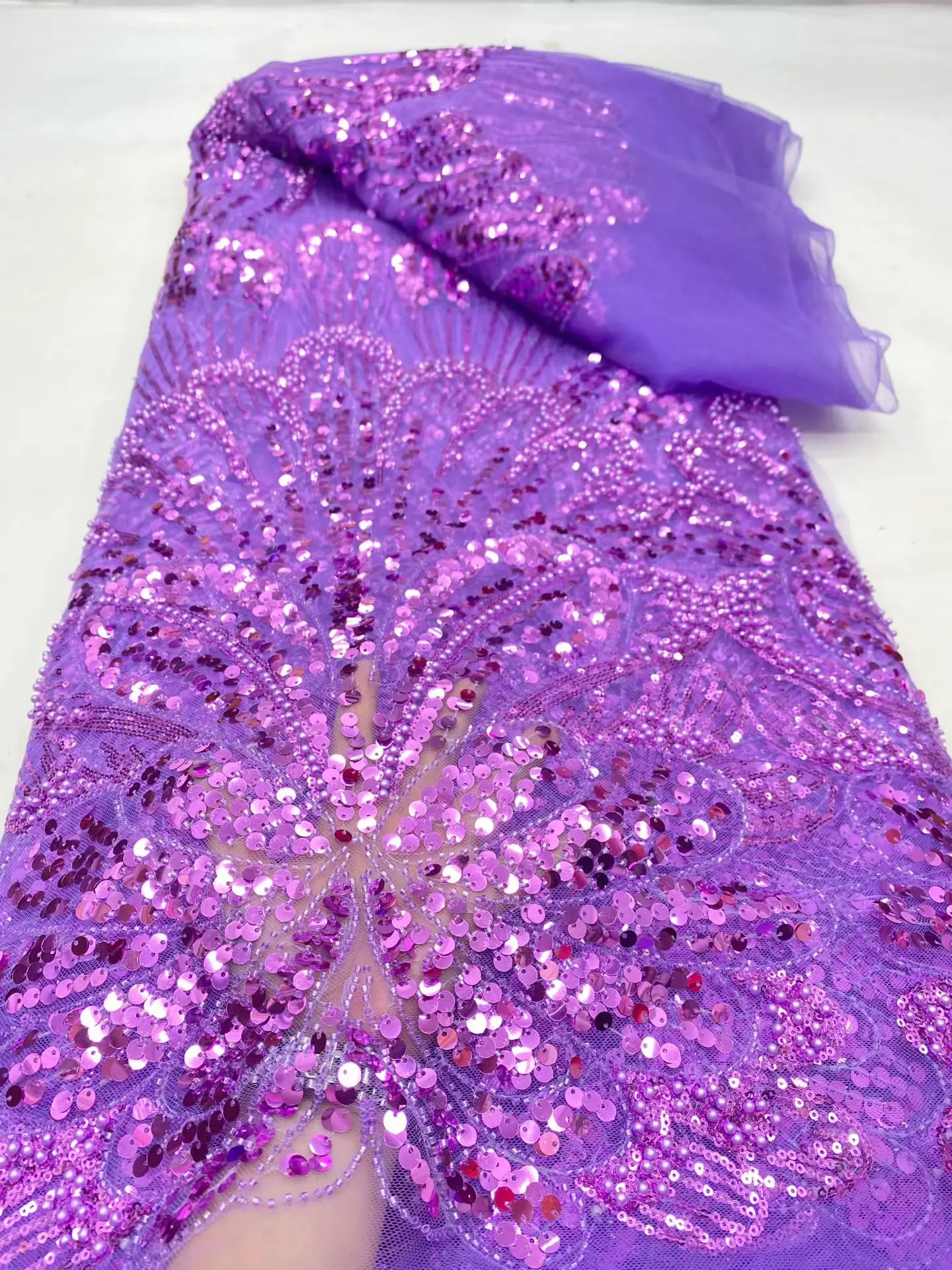 

2025 African Nigerian High-Quality Tulle Lace Fabric Sequins for Prom Dresses Beads Embroidery Net Cloth Sewing 5Yard DP0485