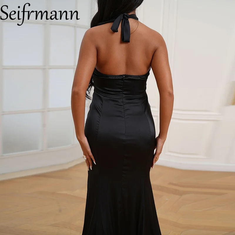 Seifrmann Women's Solid Sleeveless Slim Dress Backless Sexy Halter-Neck Hollow Out Long Dresses Evening Prom Clothes