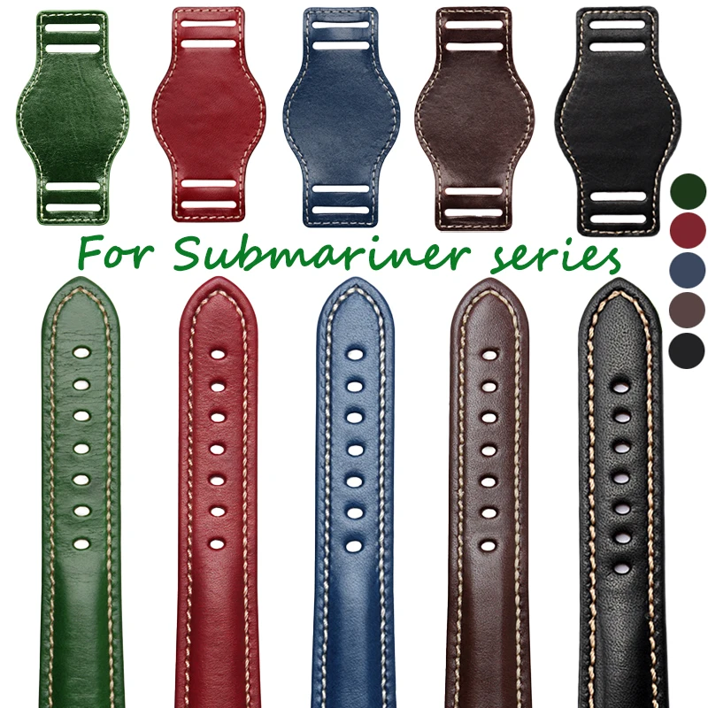 18 20 22mm Modified strap Cowhide leather green black red blue watch strap with tray male watchband For Rolex Submariner series