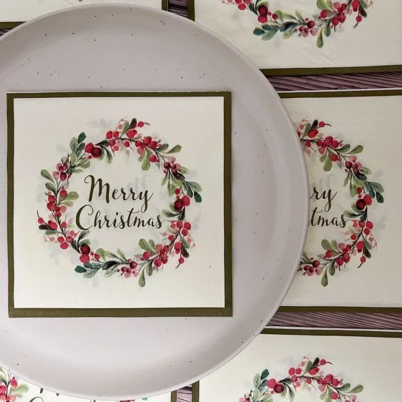 20pcs 33*33cm 2-Ply Red Berry Wreath Christmas Napkins Party Decoration Paper Merry Christmas Printed Paper Placemats