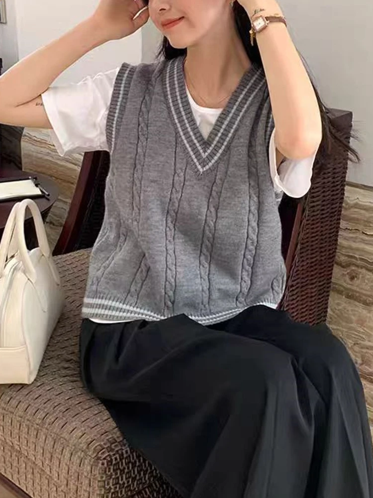 Jmprs Preppy Style Women Vest Sweaters Korean V Neck Striped Knitted Tops Fall Elegant Sweet Casual Female All Match Vest Coats