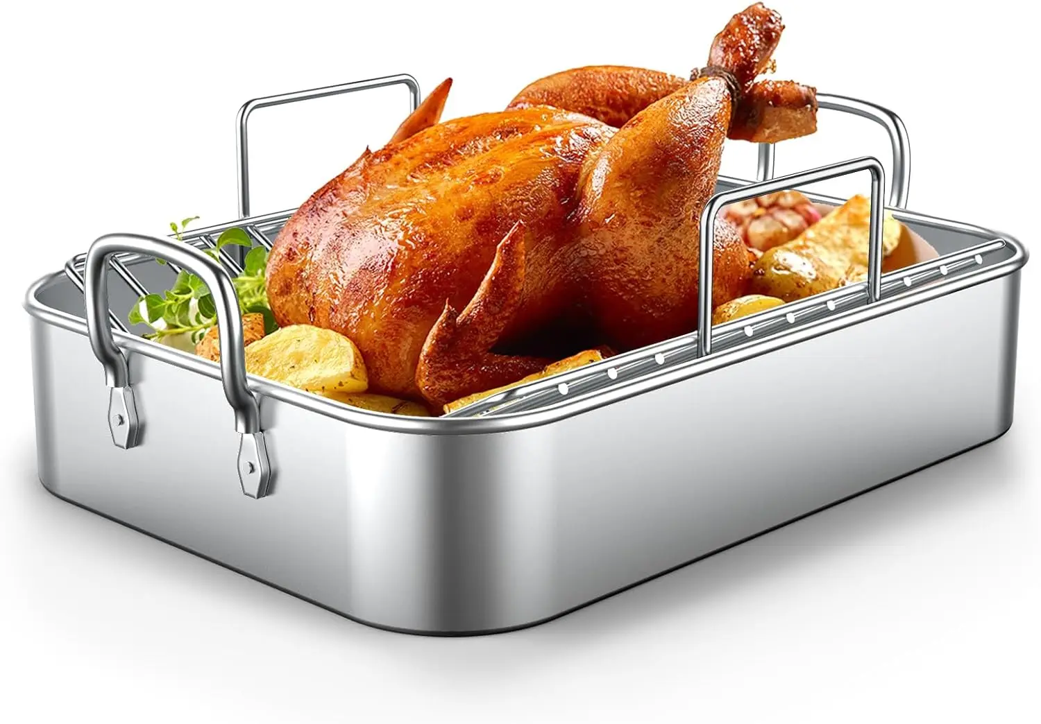 

Stainless Steel Turkey Roaster with Rack, 17x13'' Deep Broiling Pan for Thanksgiving Christmas Roast Chicken Meat Lasagna