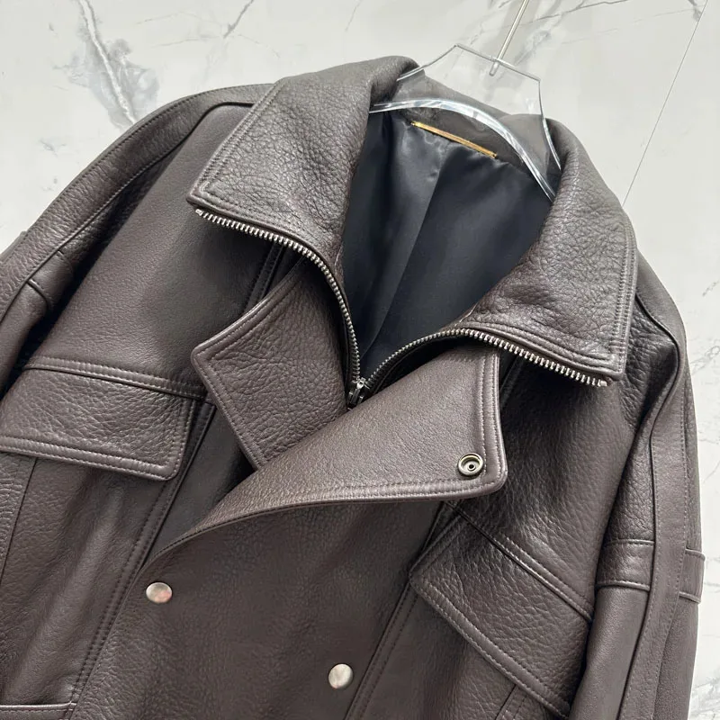 Lussuoso cappotto di pelle di pecora da donna Autunno Inverno 2025 Moda fibbia a doppia fila in vera pelle naturale vestibilità ampia