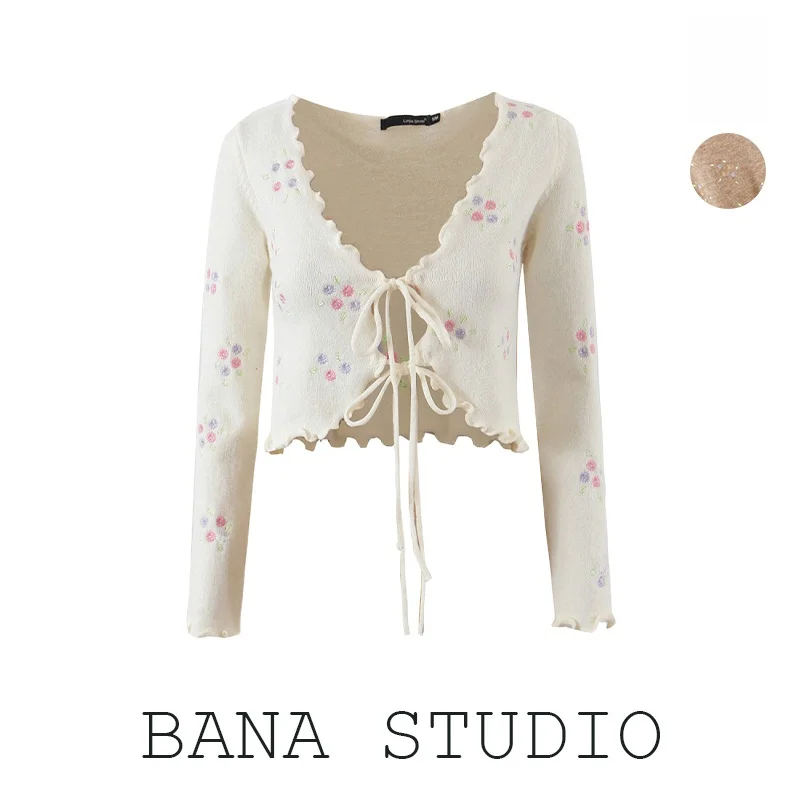 

BANA Women's Slim Fit V-Neck Knitted Cardigan Embroidered Floral High Waist Short Style Street Fashion Long Sleeve Thin Model