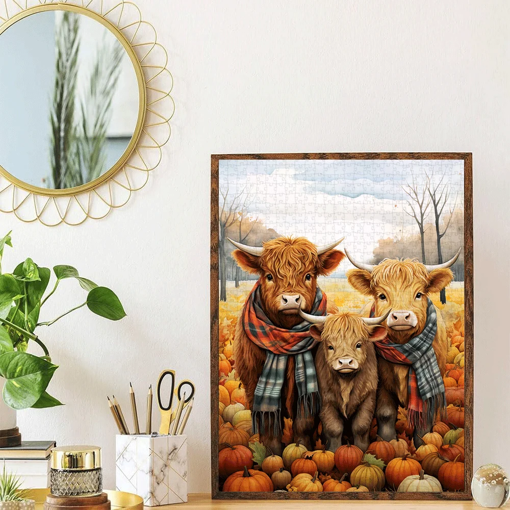 [Puzzle parabolico] Puzzle impegnativo da 1000 pezzi per adulti - Bovini delle Highland con sciarpe scozzesi e zucche autunnali