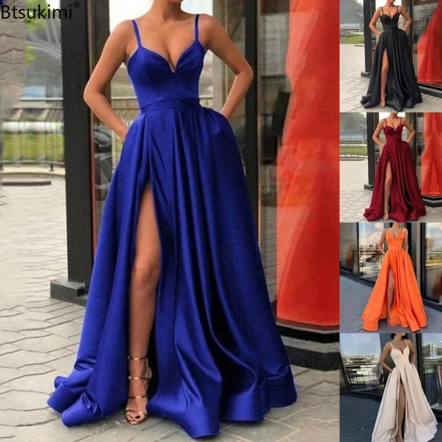2026 Damen Hochzeits- und Abendkleider Einfarbig Elegant Seitenschlitz A-Linie Satin Ärmellos Trägerloses Maxikleid Sexy Bankett-Robe