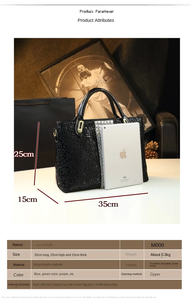 Luxury Fashion Diamonds Women\'s Handbags Genuine Leather Large Capacity Briefcase Lady Lace Bag Female Shoulder Messenger Bags