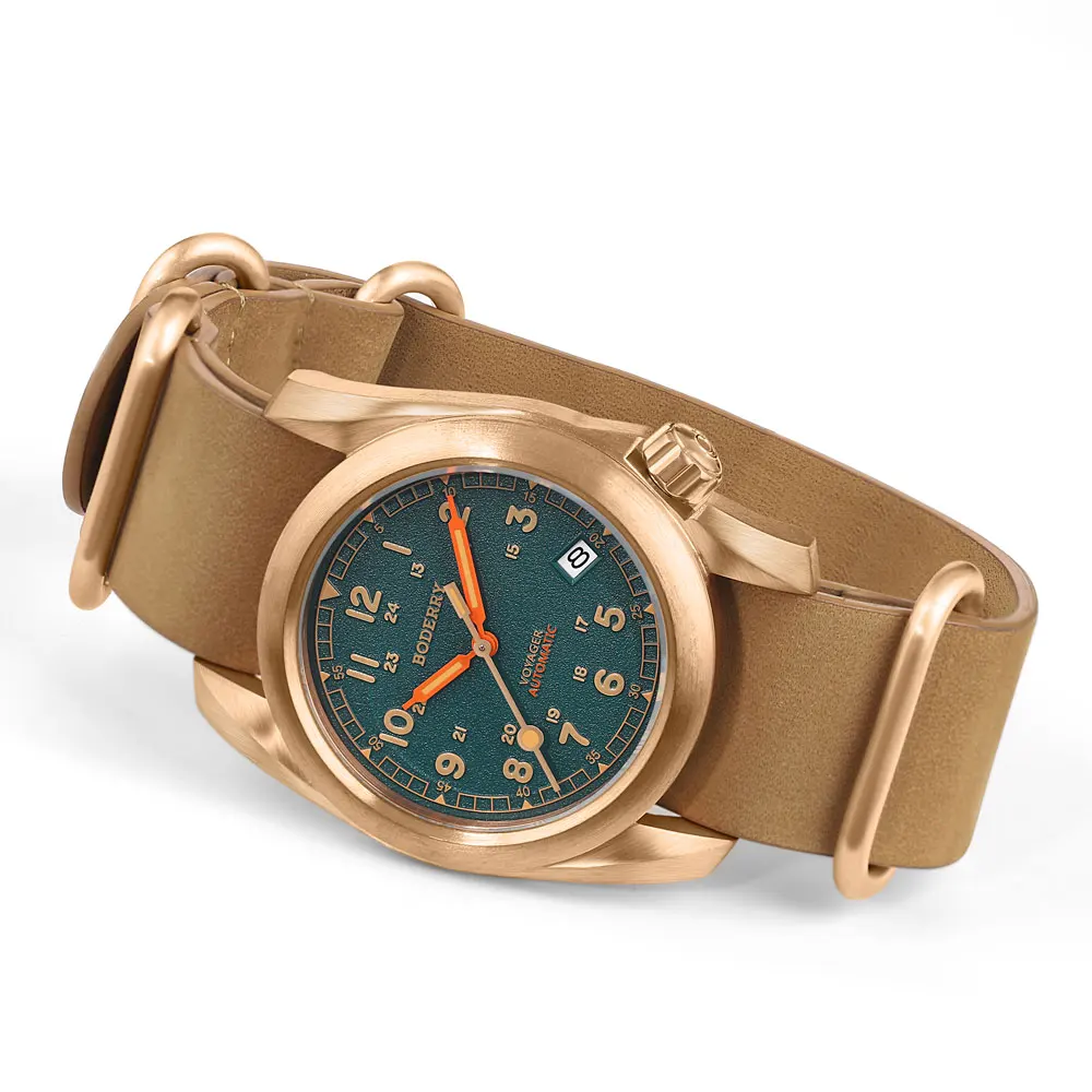 Boderry VOYAGER relojes de campo caja de bronce reloj mecánico automático 100M reloj impermeable reloj de pulsera militar Vintage para hombre