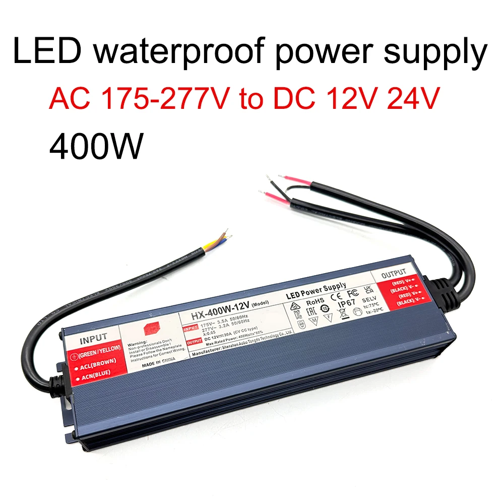 IP67 Waterproof LED Power Supply 400W AC175-277V to DC12V 24V LED Driver Transformer for LED Strip Light Outdoor Lighting