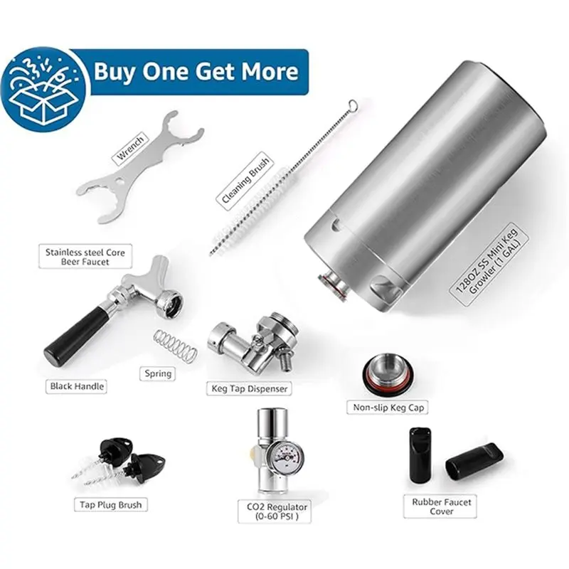 WORTHOWN-3.6L Mini Portable Beer Keg Growler, Tap Kit With Self-Closing Valve & 0-60PSI CO2 For Fresh Carbonated Beer