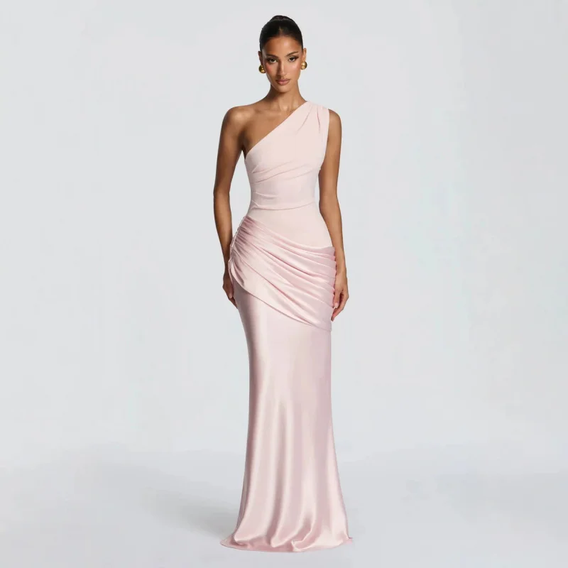 Summer Single Shoulder Slant Collar Folded Satin Slim Fit Long Dress Elegant High Waist Hip Hugging Style