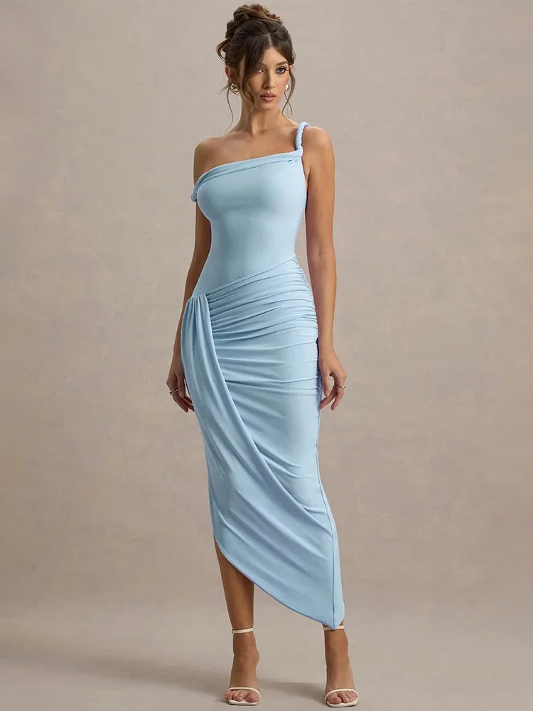 XIAOTANG 불규칙한 백리스 섹시한 맥시 드레스 여성용 블루 원 숄더 민소매 Draped Ruched Bodycon Club Party Dresses