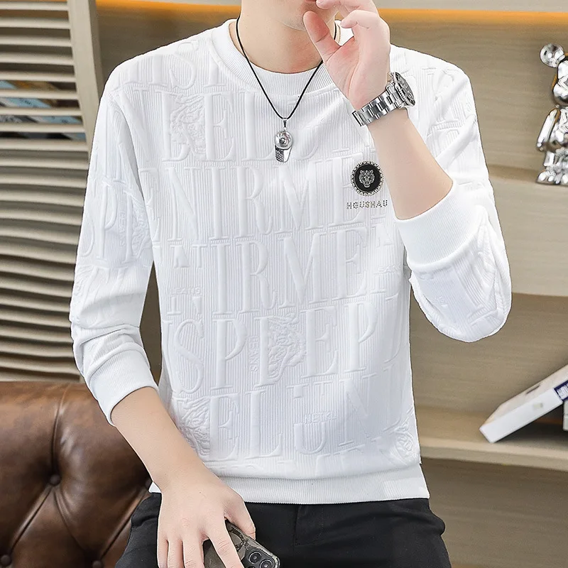 Cross-Border Hot Sale Spring Autumn Men's Long Sleeve T-Shirt Loose New Trendy Plus Size Crew Neck Undershirt Casual Pullover To