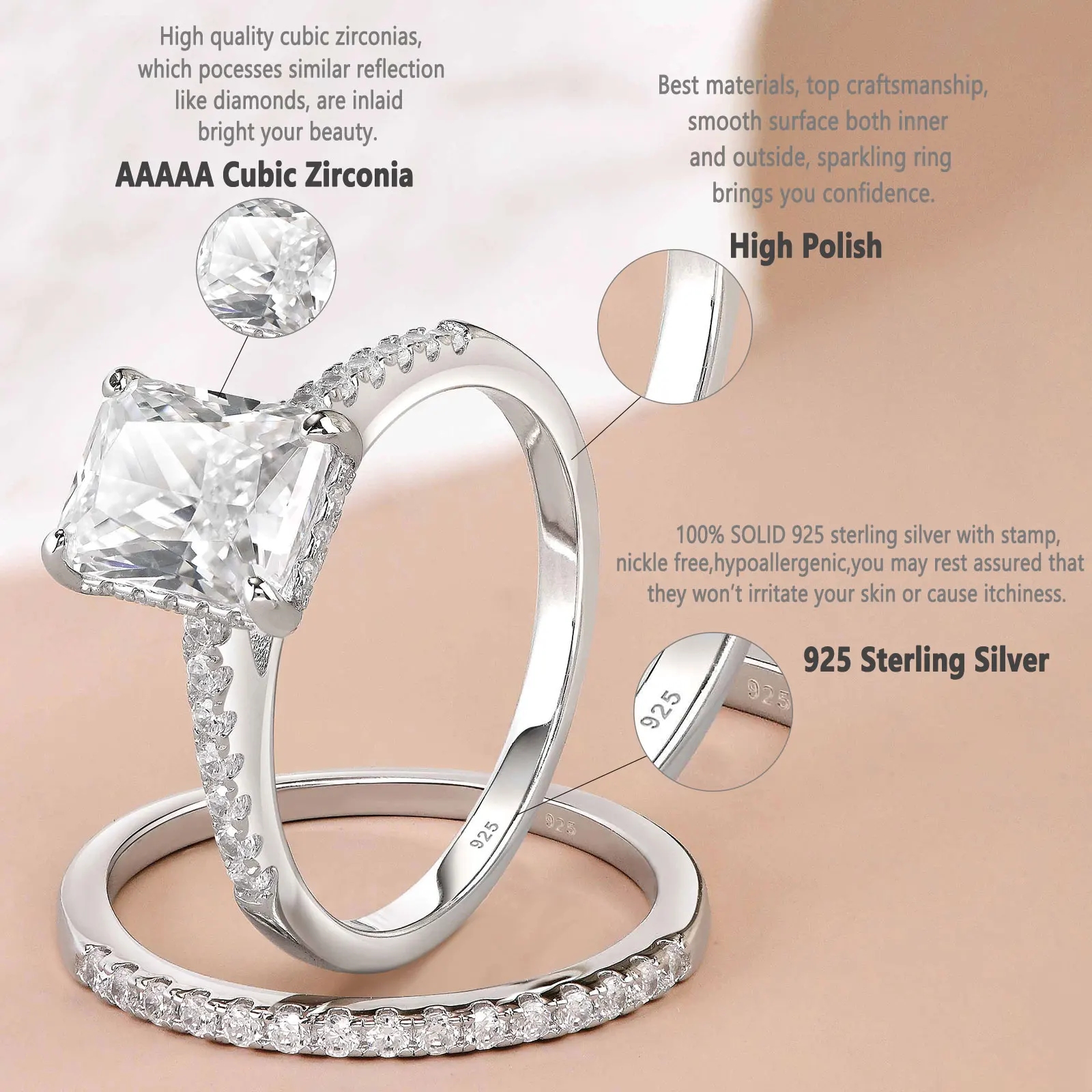 Newshe prata 925 prata anéis de casamento conjunto para mulheres anillos branco 7*9mm corte radiante cz anel de diamante luxo jóias de noivado