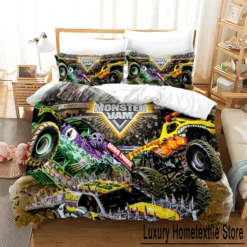 Cartoon Monster Truck Cool Vehicle Off Road Vehicle Bedding Set Boys Girls Twin Queen Size Duvet Cover Pillowcase Bed Kids Adult