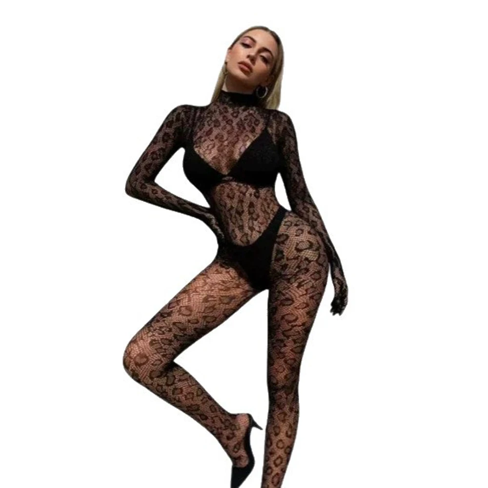 Sexy Bodystocking Lace Hollow Out Long Sleeve Bodysuit Jumpsuits for Women Night Club Ballroom Stripper Dancing Playsuit Catsuit