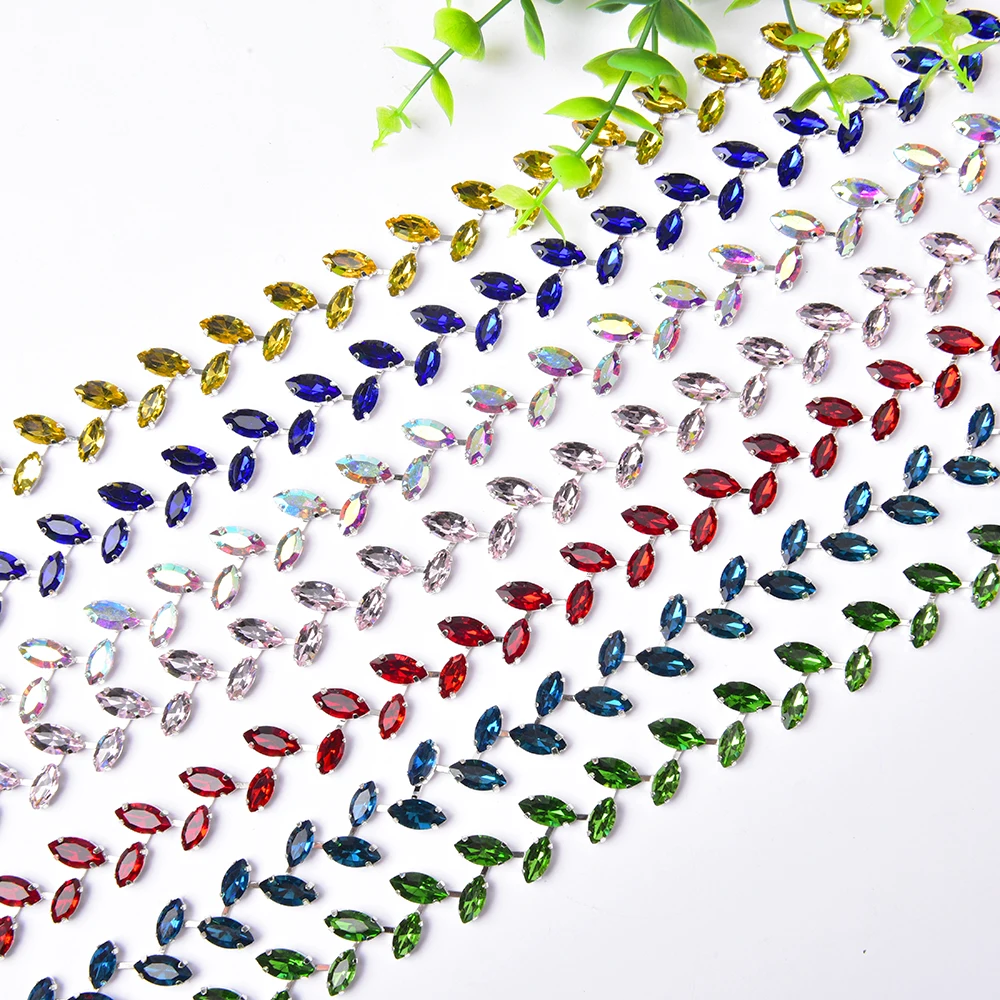 Leaf Shape Glass Crystal Rhinestone Chain DIY Sew-On/ Glue-On Trimmings for Clothes Fashion Accessories Banding