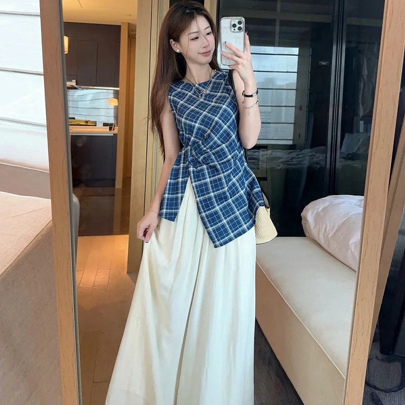 Summer New French Style Original Design Fashion Plaid Sleeveless Shirt Vintage Casual Versatile Temperament Slim Popular Clothes