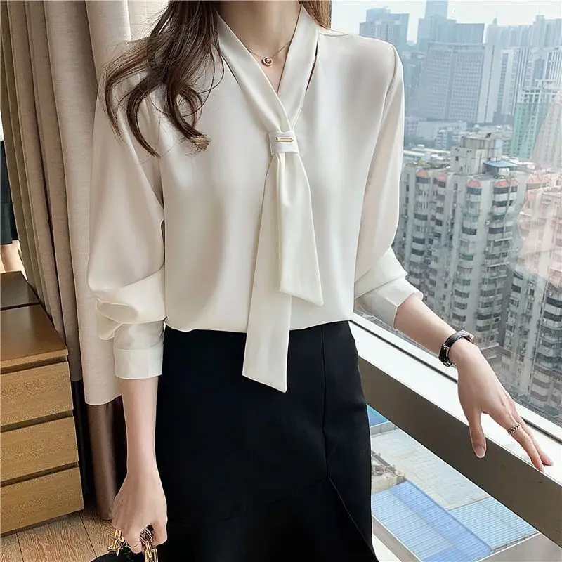 Women Clothing Spring Autumn New V Neck Solid All-match Office Blouse Long Sleeve Simplicity Elegant Shirt Tops Fashion Korean