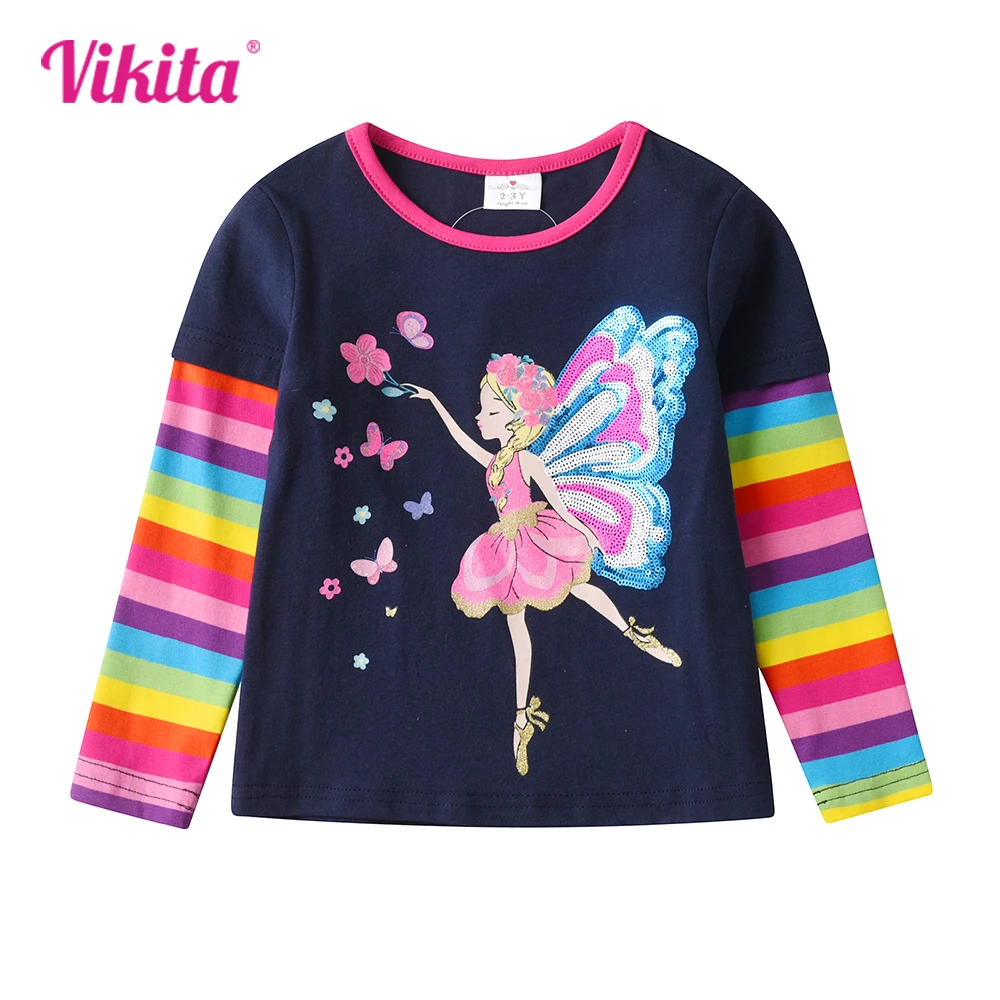 VIKITA Girls Long Sleeve T Shirt Kids Fairy Appliqued Cotton Casual Tops Girls Rainbow Striped O Neck Tees Children's Clothing