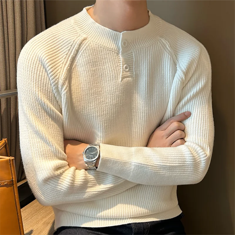 

Button Henry Collar Men's Sweater Knitwear Pullover 2025 Winter New Korean Style Solid Color Vintage Fashion Long Sleeve Sweater