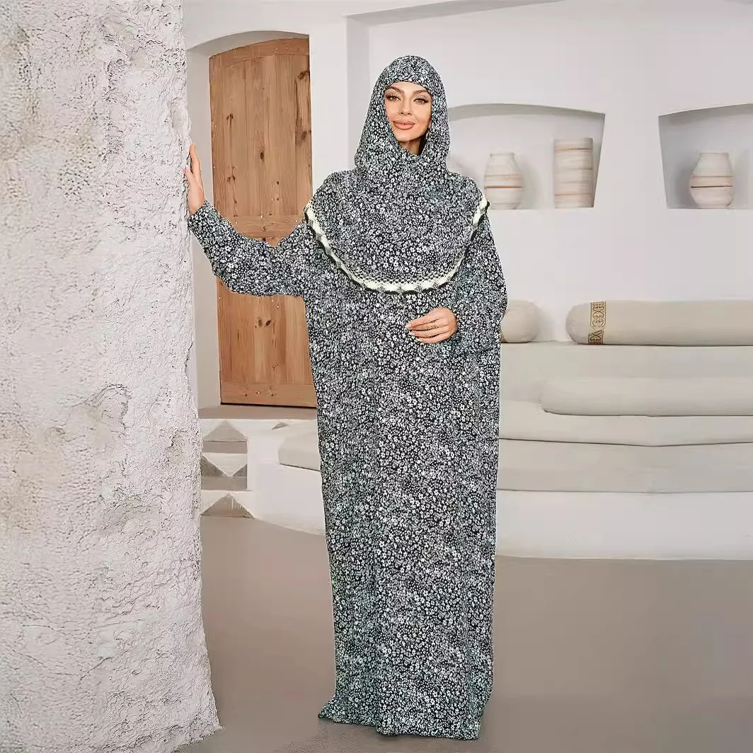 

New Muslim Afshion Dress Large-sized Traditional Abaya Dubai Clothing Muslim Women's Lace Hooded Prayer Printed Dress