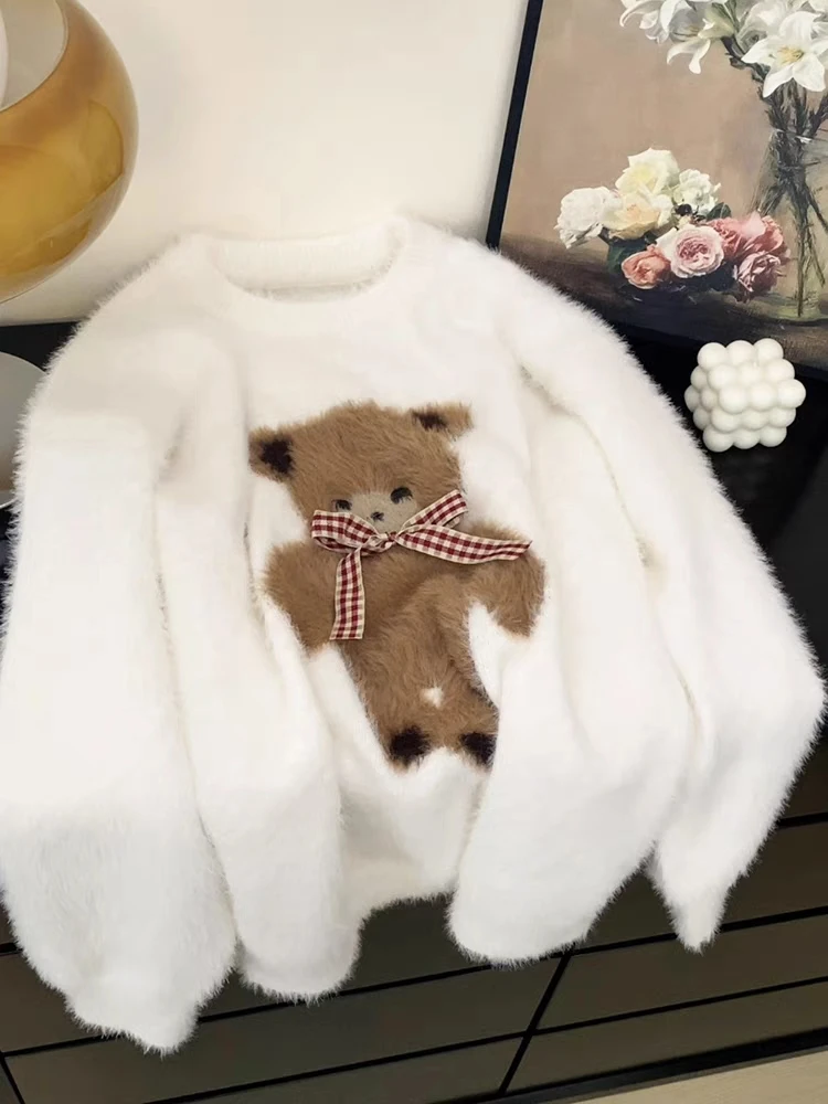 

Вязаный свитер с вышивкой медведя, свободный женский белый корейский свитер для колледжа, ленивая мода, осень-зима, Новое поступление, теплое отопление