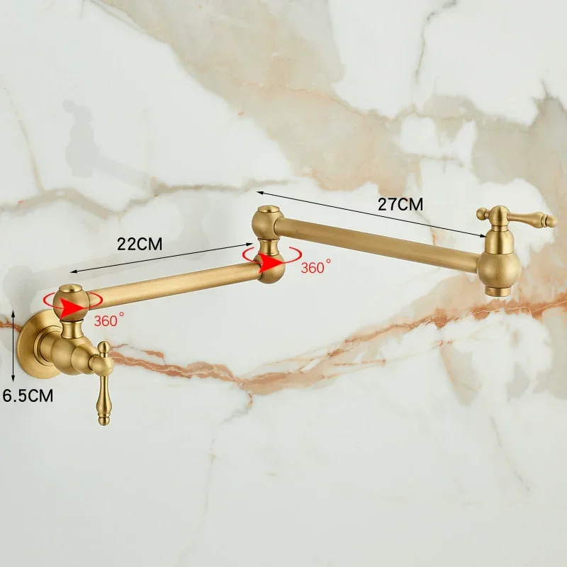 Gold Pot Filler Tap Wall Mounted Foldable Antique Kitchen Faucet Single Cold  Sink Tap Rotate Folding Spout Brushed Gold Brass