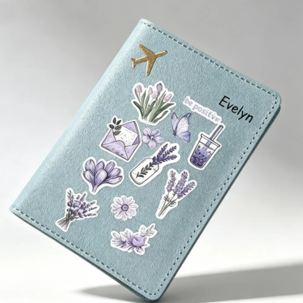 Custom Engraved Name PU Passport Holder,Purple Floral Print With Golden Plane Decor, Light Slim Durable Faux Leather Travel Case