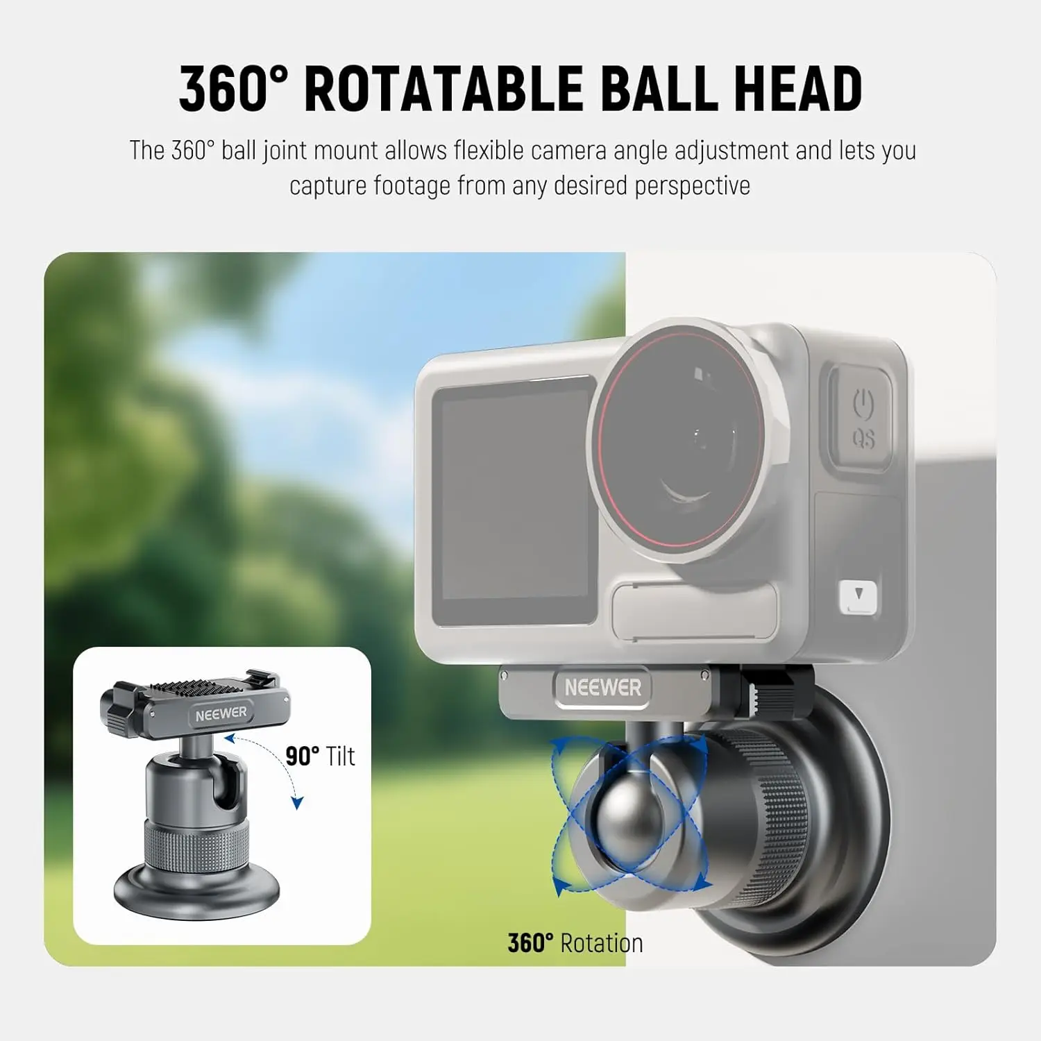 Magnetyczny uchwyt do kamery NEEWER kompatybilny z DJI Osmo Action 5 Pro/4/3, obrót o 360 stopni °   Adapter głowicy kulowej z szybkozłączką — zdjęcie produktu 3