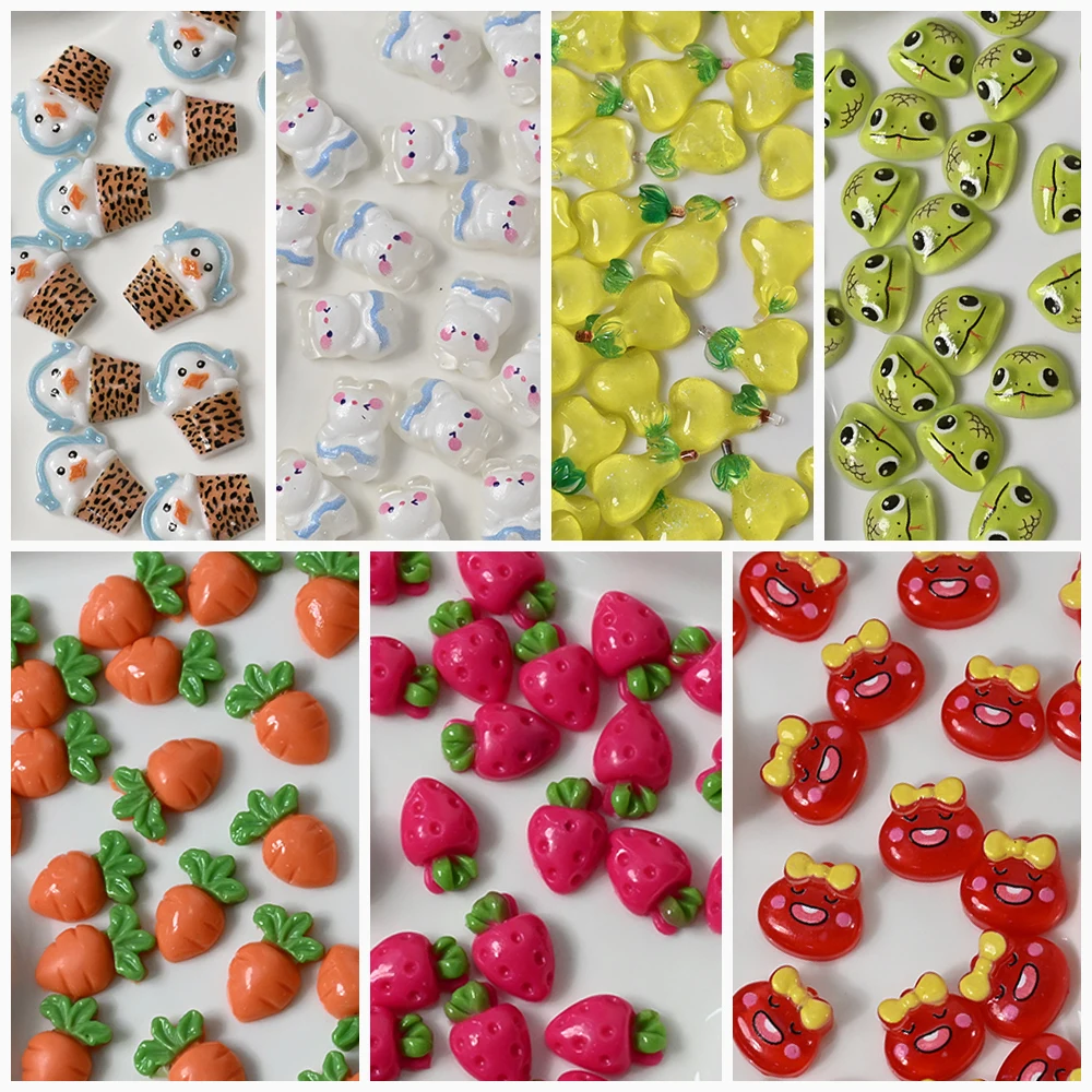 

50pcs 3D Colorful Cartoon Resin Nail Charms Y2K Strawberry/Pear/Carrot Nail Art Decorations Creative Fruit Vegetables Nail Parts