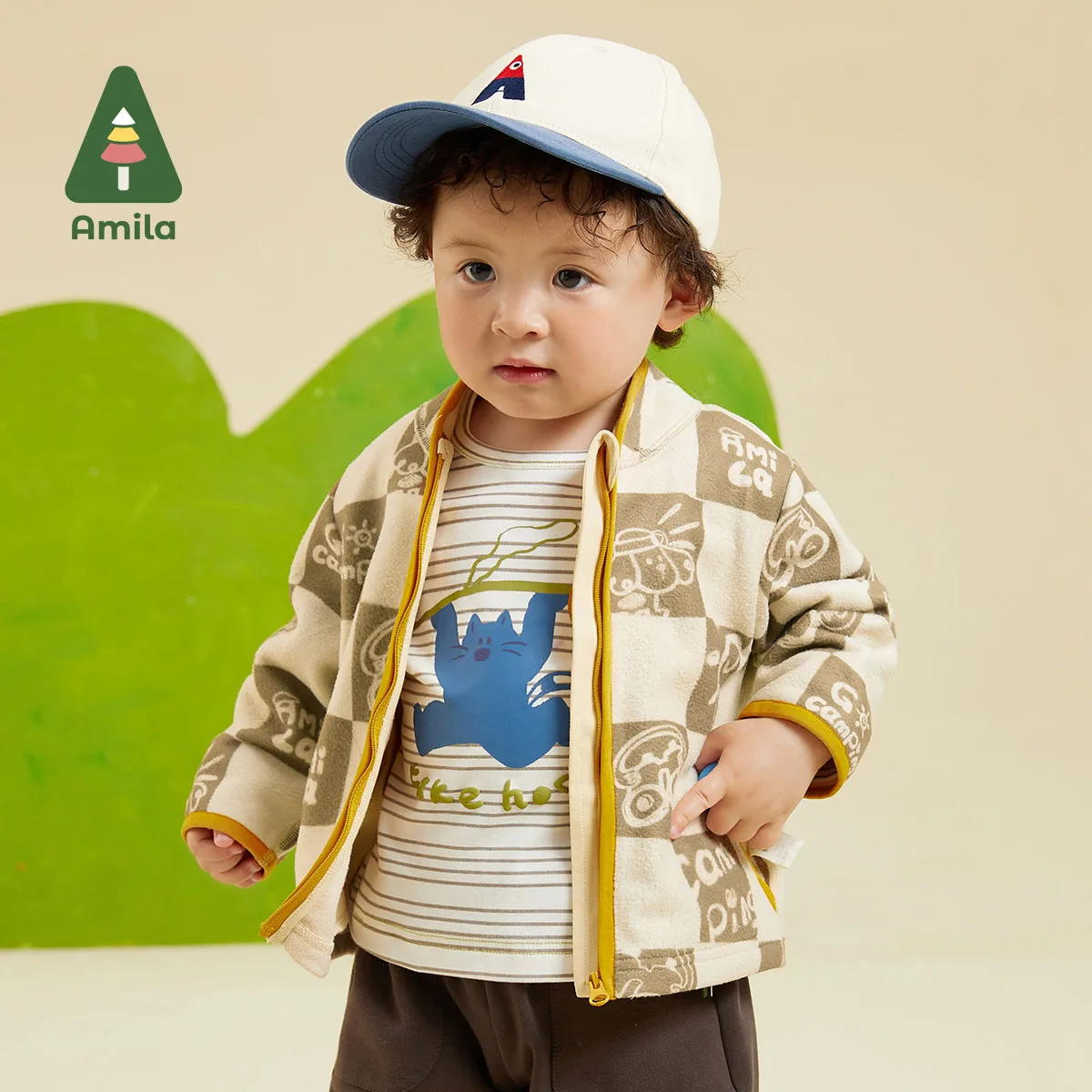 Amila Baby  Boys And Girls 2023 New  Autumn Contrast Stitching Theme Printing Fashion Warm  Wear Small Jacket Exquisite  Clothes