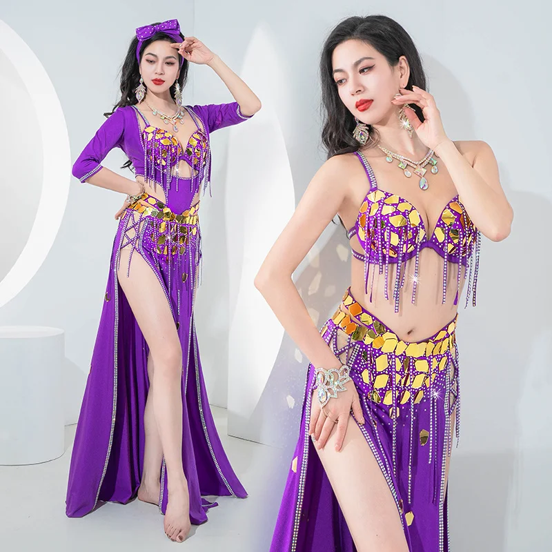 Dancing Costume Drum Oriental Dancer Luxury Show Skirt 5 Piece Set Women Belly Dance Competition Clothes Sequin Shine Sex