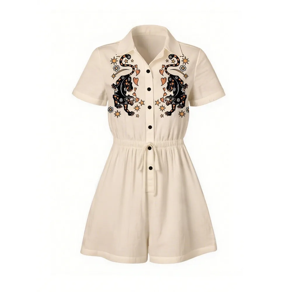 

Women's Cowgirl Romper Short Sleeve Collared Jumpsuit with Playful Cat Western Print 100% Cotton Summer Drawstring Waist Outfit