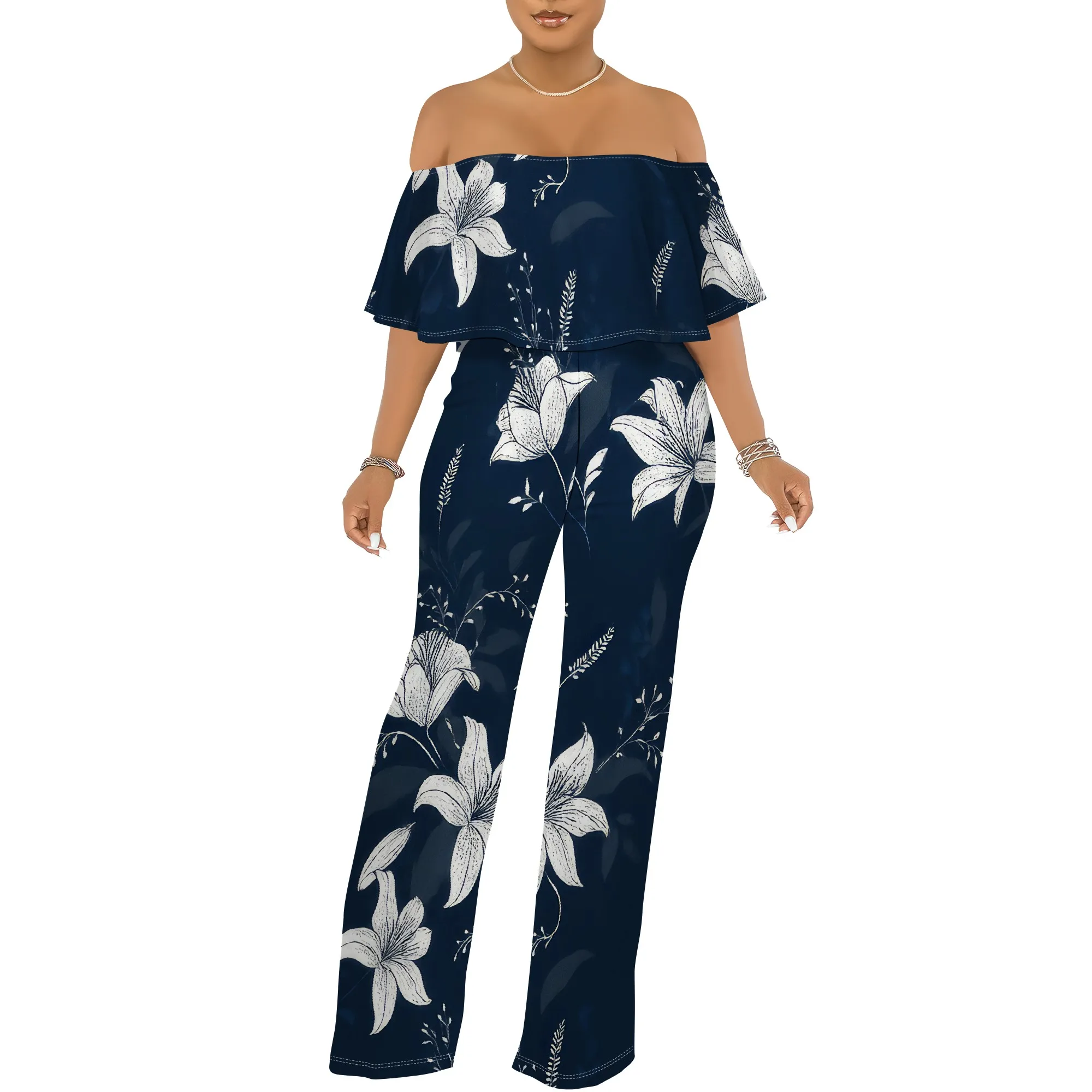ปิดไหล่ด้านบน Ruffle ดอกไม้พิมพ์ Jumpsuits สําหรับผู้หญิงกางเกงขากว้าง Club Party ชุด Jumpsuit พร้อมกระเป๋า