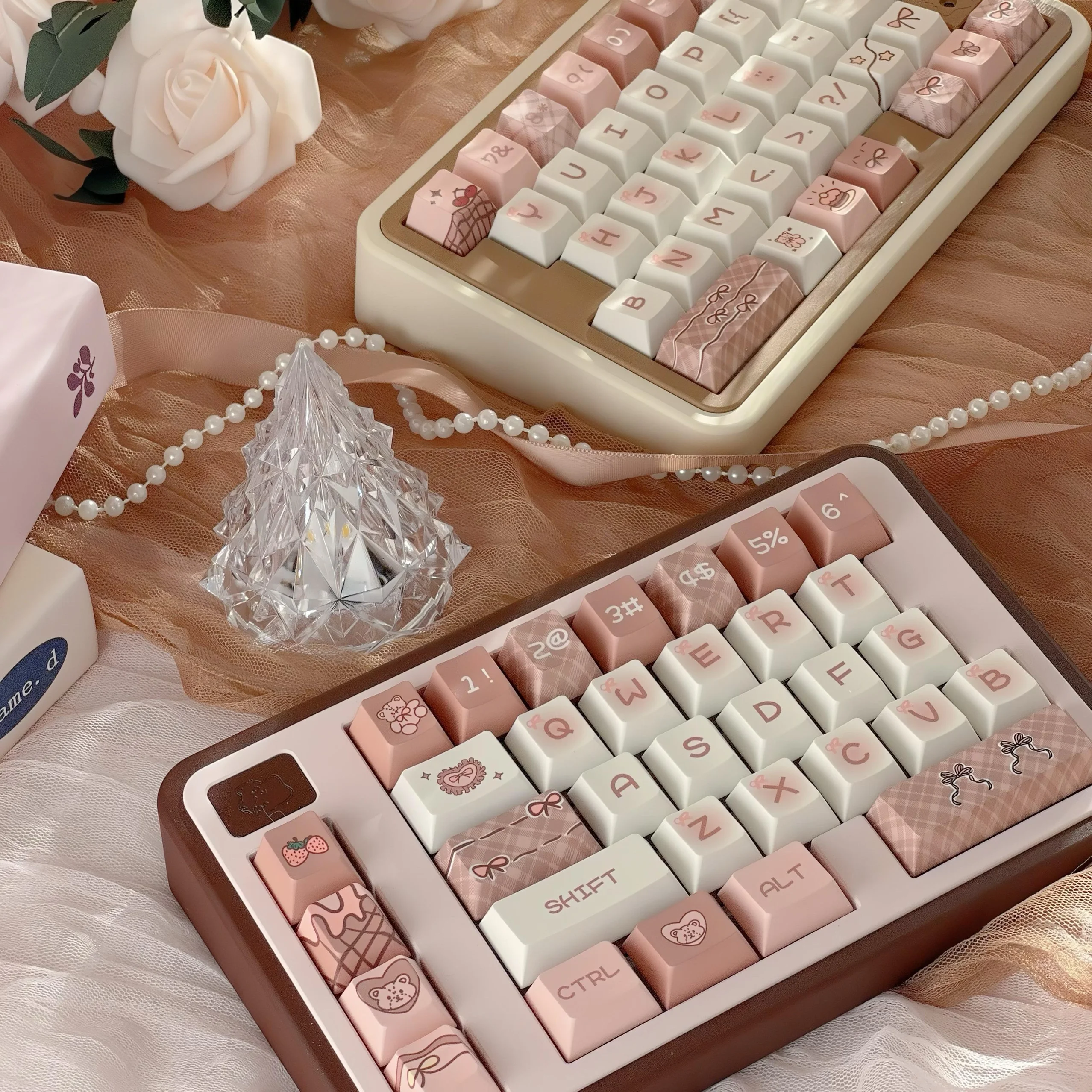 Strawberry Cocoa Keycaps Cute Pbt Cherry Xoa Pink But Khaki 2.25/2.75U Space Bar Alice Layout 136Keys Keycaps